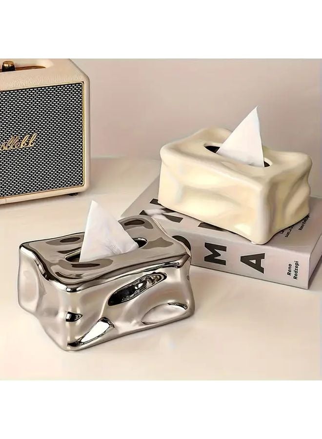 Silvery Ceramic Tissue Box Holder With Lid Bathroom Paper Towel Dispenser Wall Mountable - Image 1